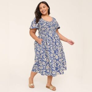 Lane Bryant Blue Floral Smocked Midi with Cream Print